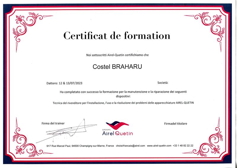 Attestato Airel-Quetin - Certificazione tecnica per manutenzione e riparazione apparecchiature odontoiatriche Costel Brahariu