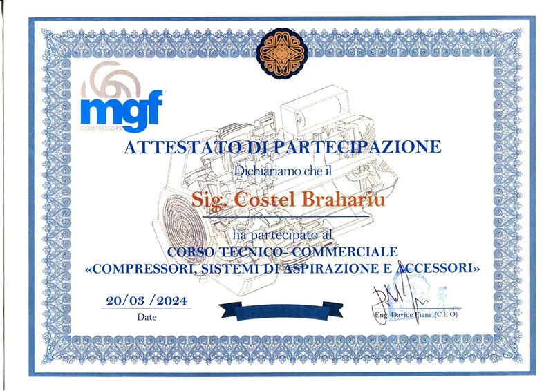 Attestato MGF - Certificazione Compressori e Sistemi di Aspirazione Costel Brahariu